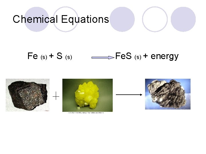 Chemical Equations Fe (s) + S (s) Fe. S (s) + energy 