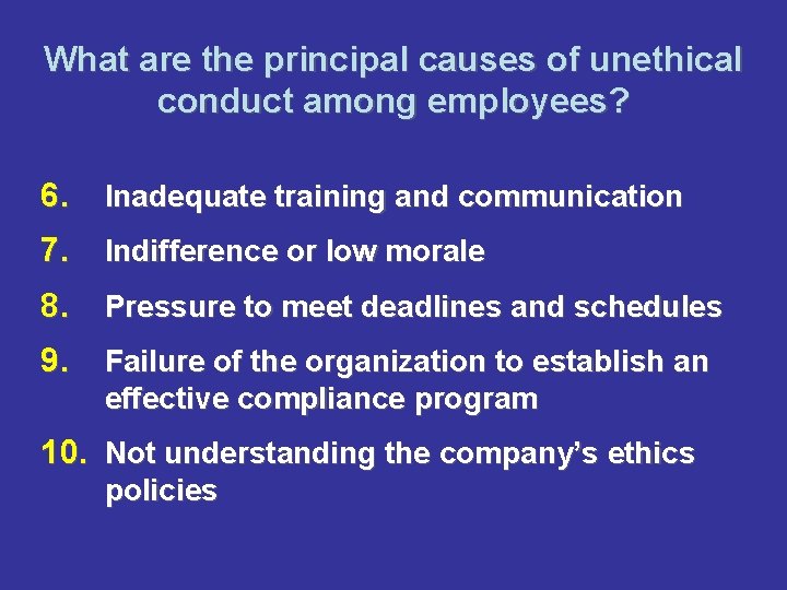 What are the principal causes of unethical conduct among employees? 6. Inadequate training and