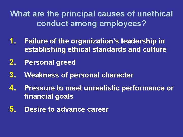What are the principal causes of unethical conduct among employees? 1. Failure of the