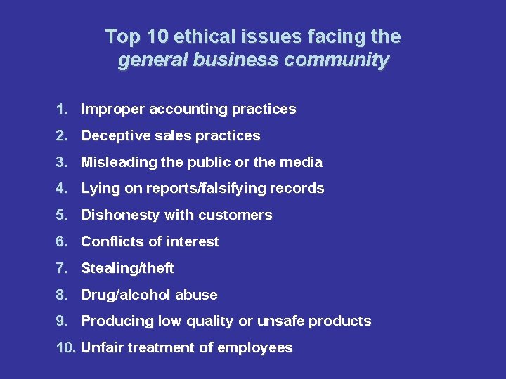 Top 10 ethical issues facing the general business community 1. Improper accounting practices 2.