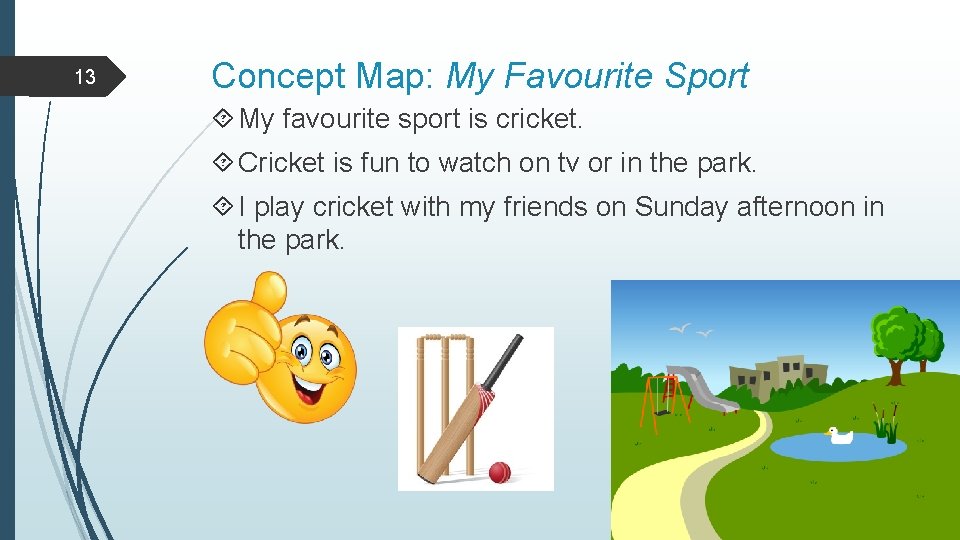 13 Concept Map: My Favourite Sport My favourite sport is cricket. Cricket is fun