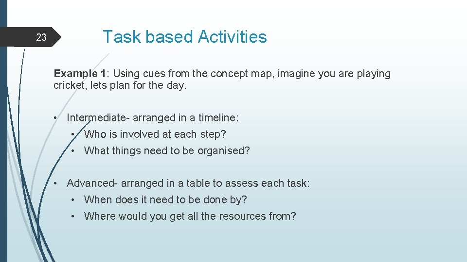 23 Task based Activities Example 1: Using cues from the concept map, imagine you