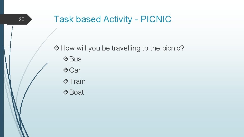 30 Task based Activity - PICNIC How will you be travelling to the picnic?