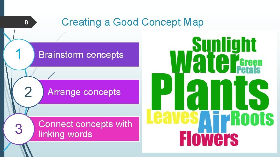 8 1 Creating a Good Concept Map Sunlight Brainstorm concepts Flowers Water • Petals