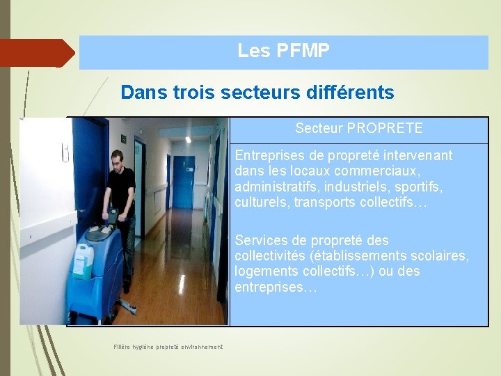 Les PFMP Dans trois secteurs différents Secteur PROPRETE Entreprises de propreté intervenant dans les
