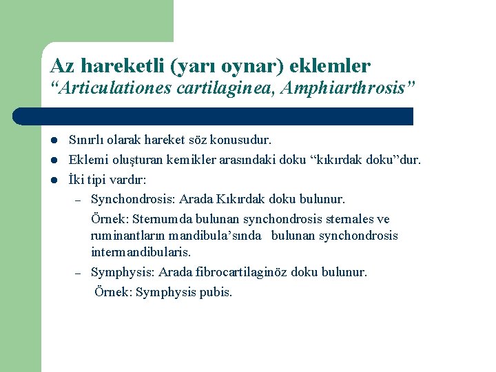 Az hareketli (yarı oynar) eklemler “Articulationes cartilaginea, Amphiarthrosis” l l l Sınırlı olarak hareket