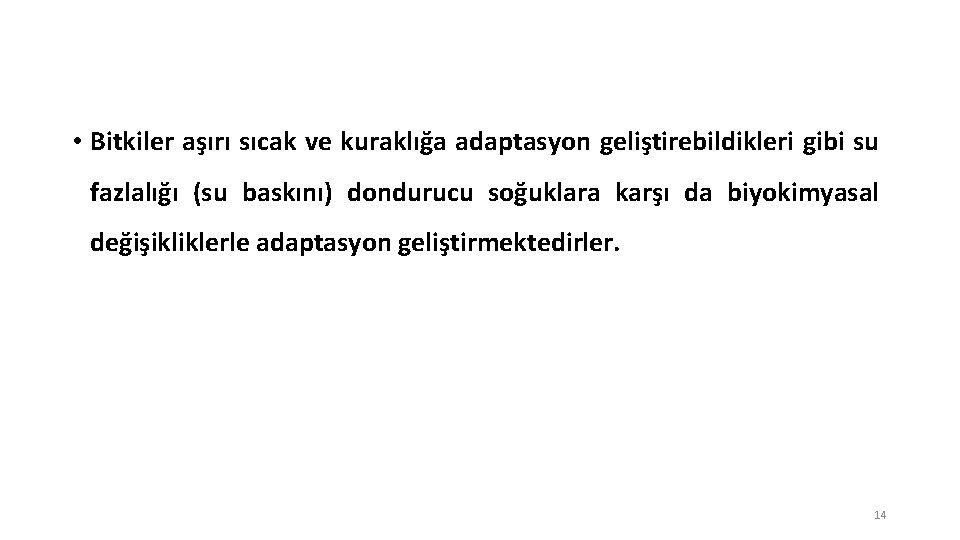  • Bitkiler aşırı sıcak ve kuraklığa adaptasyon geliştirebildikleri gibi su fazlalığı (su baskını)