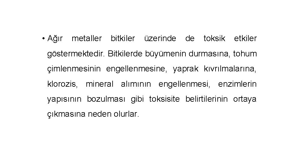  • Ağır metaller bitkiler üzerinde de toksik etkiler göstermektedir. Bitkilerde büyümenin durmasına, tohum