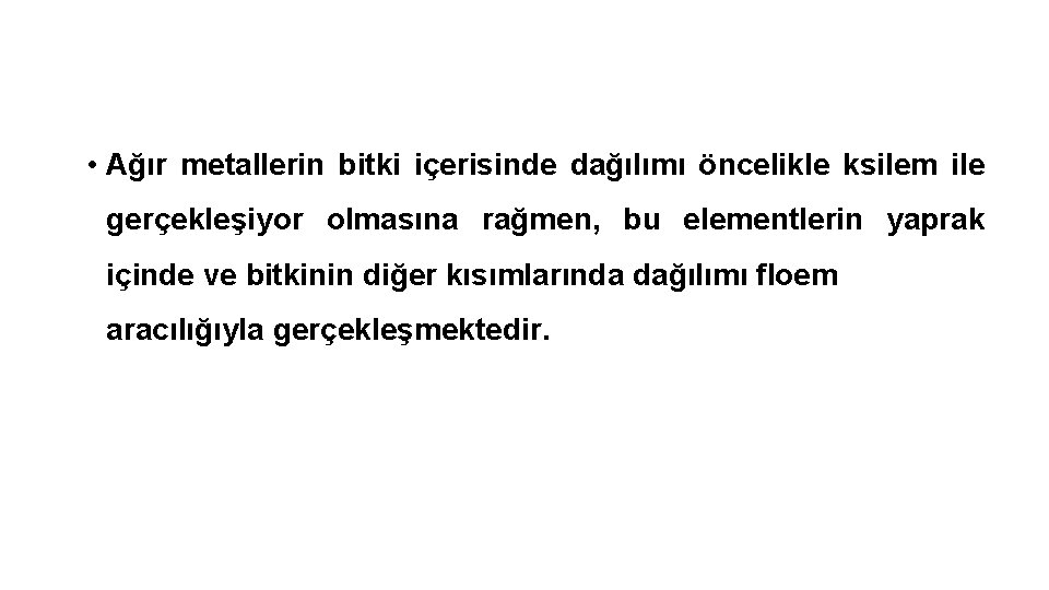  • Ağır metallerin bitki içerisinde dağılımı öncelikle ksilem ile gerçekleşiyor olmasına rağmen, bu