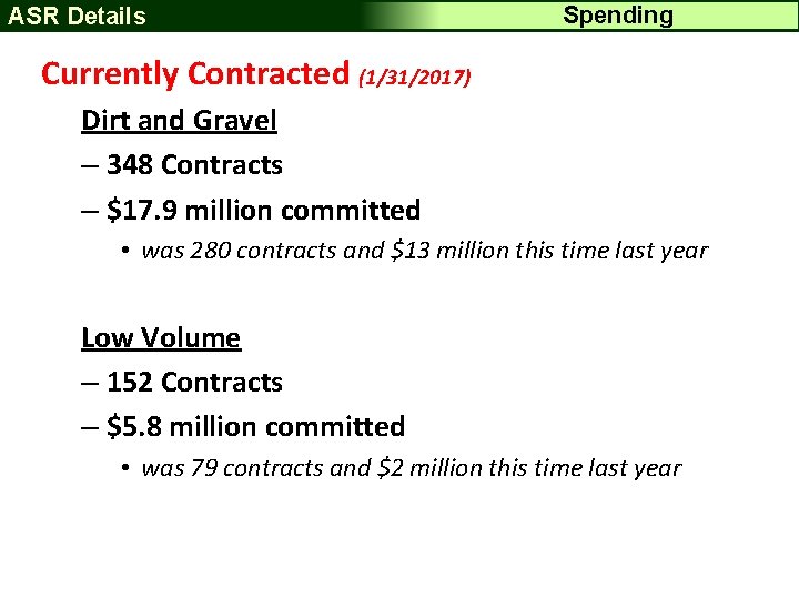 ASR Details Spending Currently Contracted (1/31/2017) Dirt and Gravel – 348 Contracts – $17.