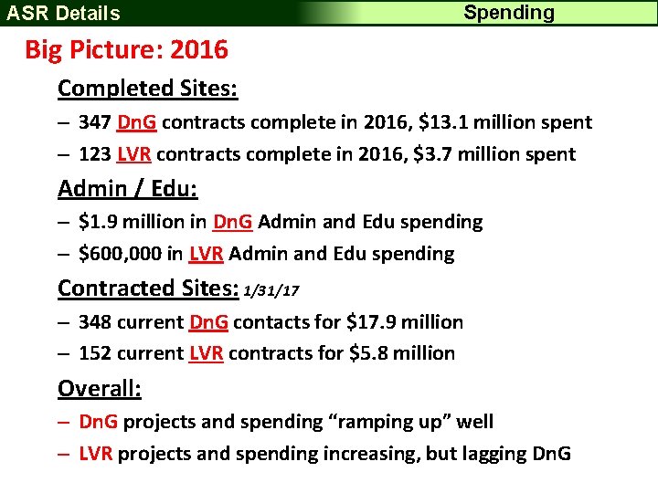 ASR Details Spending Big Picture: 2016 Completed Sites: – 347 Dn. G contracts complete