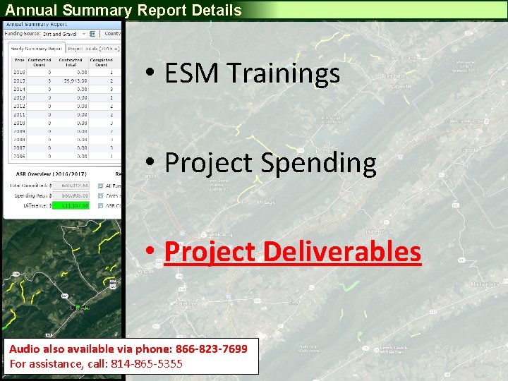 Annual Summary Report Details • ESM Trainings • Project Spending • Project Deliverables Audio