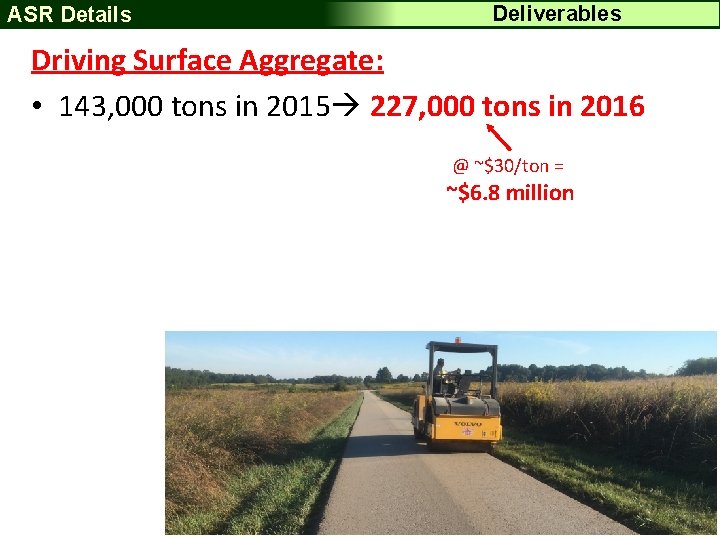 ASR Details Deliverables Driving Surface Aggregate: • 143, 000 tons in 2015 227, 000