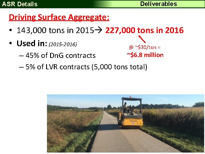 ASR Details Deliverables Driving Surface Aggregate: • 143, 000 tons in 2015 227, 000