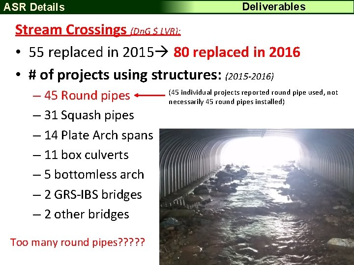 ASR Details Deliverables Stream Crossings (Dn. G $ LVR): • 55 replaced in 2015