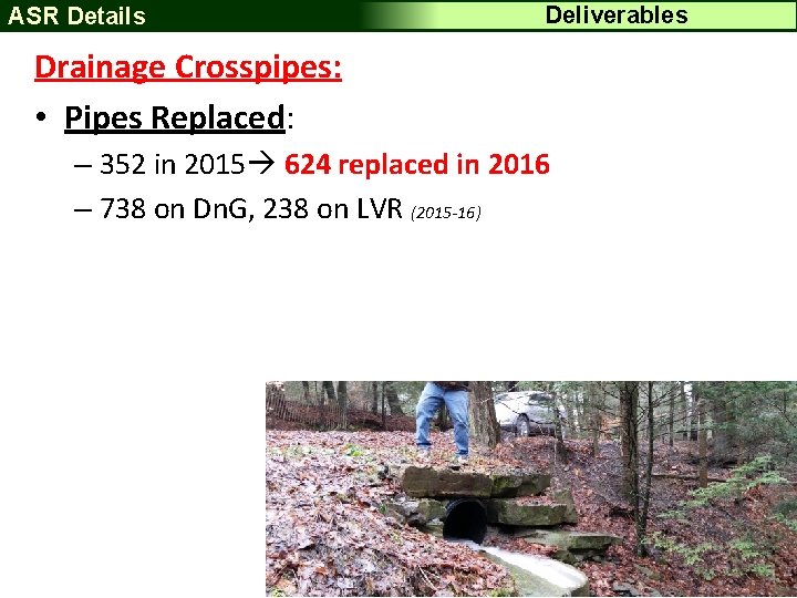 ASR Details Deliverables Drainage Crosspipes: • Pipes Replaced: – 352 in 2015 624 replaced