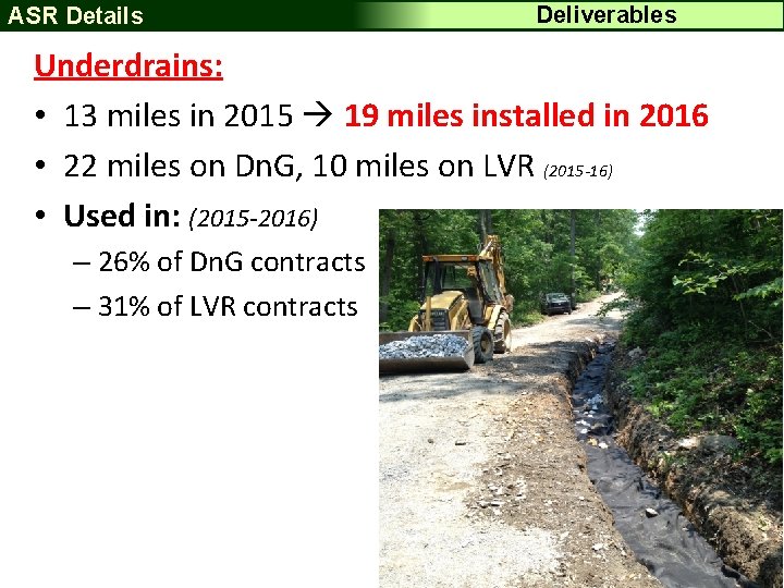 ASR Details Deliverables Underdrains: • 13 miles in 2015 19 miles installed in 2016