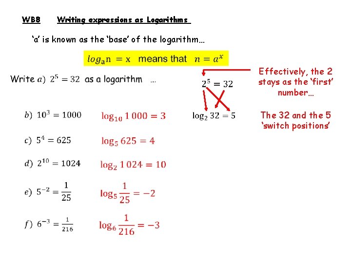 WB 8 Writing expressions as Logarithms ‘a’ is known as the ‘base’ of the