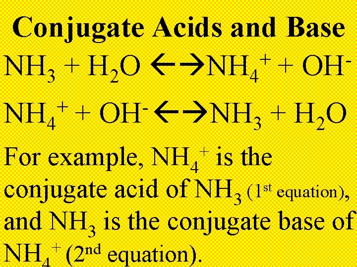 Conjugate Acids and Base + NH 3 + H 2 O NH 4 +