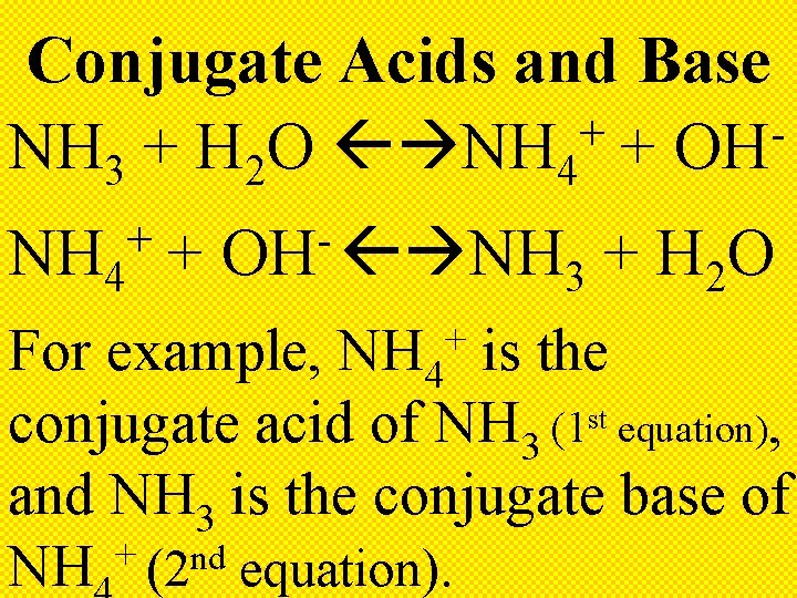 Conjugate Acids and Base + NH 3 + H 2 O NH 4 +