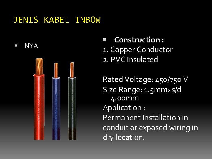 JENIS KABEL INBOW NYA Construction : 1. Copper Conductor 2. PVC Insulated Rated Voltage: