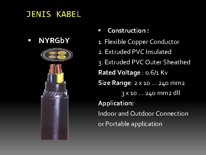 JENIS KABEL NYRGb. Y Construction : 1. Flexible Copper Conductor 2. Extruded PVC Insulated