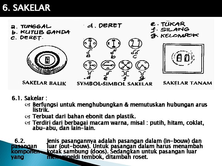 6. SAKELAR 6. 1. Sakelar : Berfungsi untuk menghubungkan & memutuskan hubungan arus listrik.