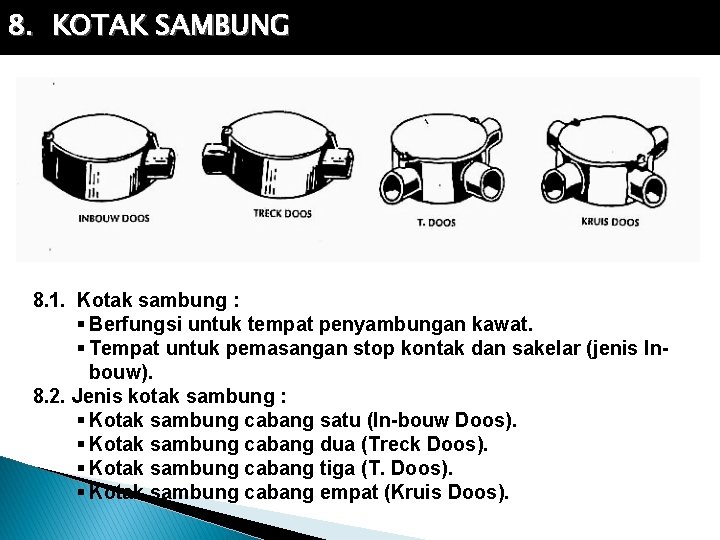 8. KOTAK SAMBUNG 8. 1. Kotak sambung : Berfungsi untuk tempat penyambungan kawat. Tempat