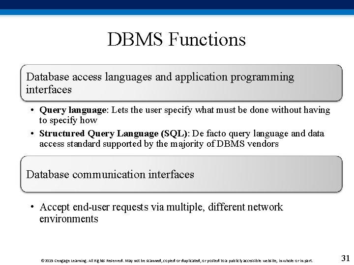 DBMS Functions Database access languages and application programming interfaces • Query language: Lets the