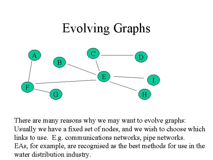 Evolving Graphs A C D B E F G I H There are many