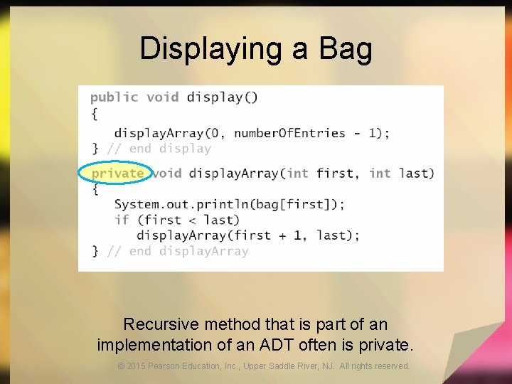 Displaying a Bag Recursive method that is part of an implementation of an ADT