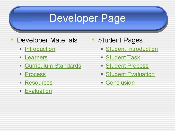 Developer Page • Developer Materials § § § Introduction Learners Curriculum Standards Process Resources