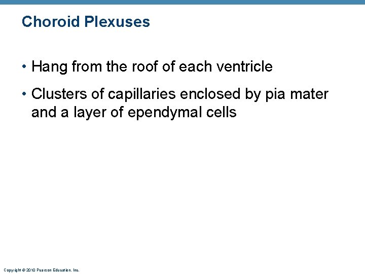 Choroid Plexuses • Hang from the roof of each ventricle • Clusters of capillaries
