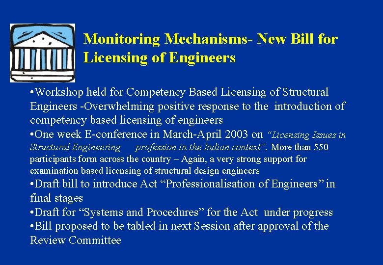Monitoring Mechanisms- New Bill for Licensing of Engineers • Workshop held for Competency Based