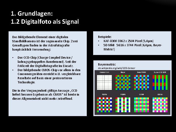 1. Grundlagen: 1. 2 Digitalfoto als Signal Das Bildgebende Element einer digitalen Standbildkamera ist