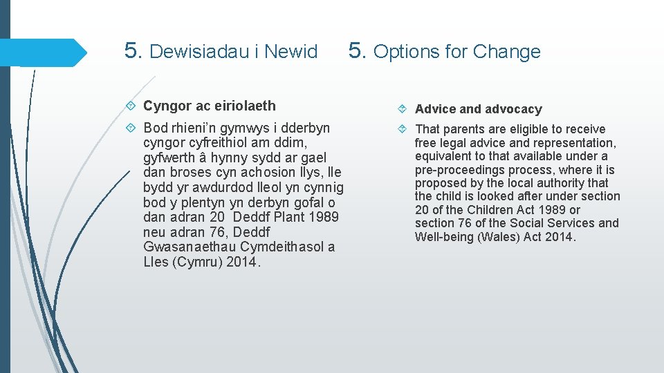 5. Dewisiadau i Newid 5. Options for Change Cyngor ac eiriolaeth Advice and advocacy