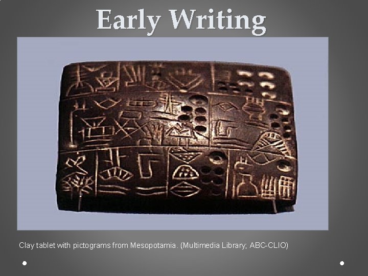 Early Writing Clay tablet with pictograms from Mesopotamia. (Multimedia Library; ABC-CLIO) 