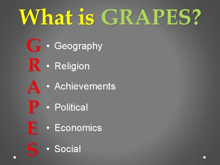 What is GRAPES? G • Geography R • Religion A • Achievements P •