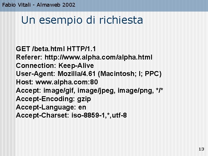 Fabio Vitali - Almaweb 2002 Un esempio di richiesta GET /beta. html HTTP/1. 1