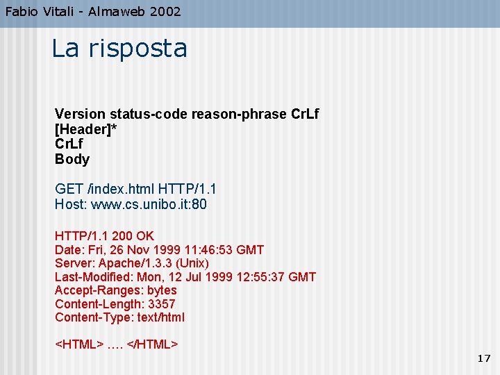 Fabio Vitali - Almaweb 2002 La risposta Version status-code reason-phrase Cr. Lf [Header]* Cr.