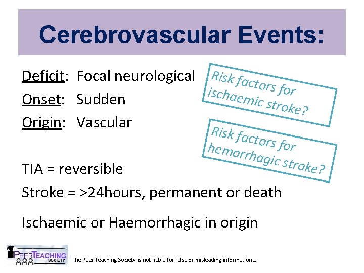 Cerebrovascular Events: Deficit: Focal neurological Risk fact o rs for ischae mic str Onset: