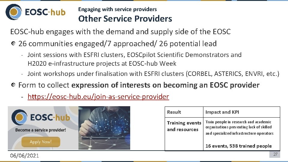 Engaging with service providers Other Service Providers EOSC-hub engages with the demand supply side