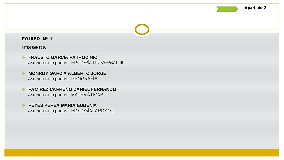 Apartado 2. EQUIPO Nº 1 INTEGRANTES: v FRAUSTO GARCÍA PATROCINIO Asignatura impartida: HISTORÍA UNIVERSAL