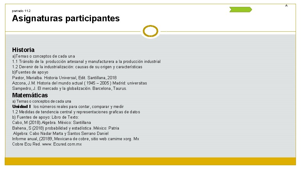 A partado 11. 2 Asignaturas participantes Historia a)Temas o conceptos de cada una 1.