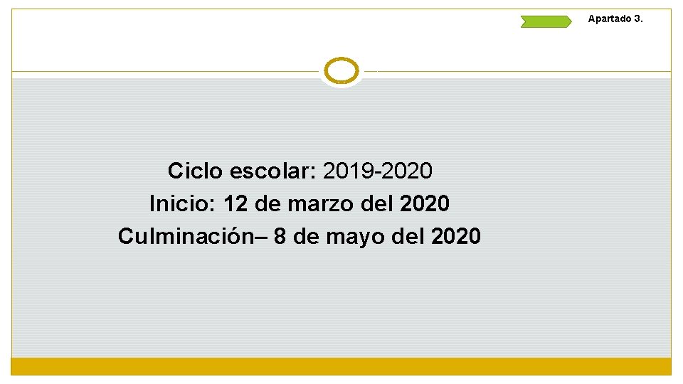 Apartado 3. Ciclo escolar: 2019 -2020 Inicio: 12 de marzo del 2020 Culminación– 8