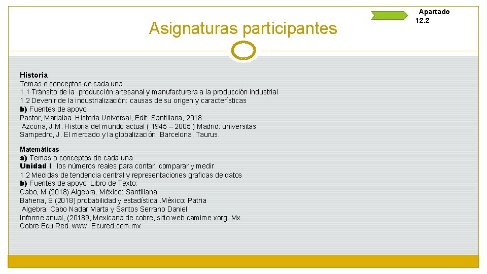 Asignaturas participantes Historia Temas o conceptos de cada una 1. 1 Tránsito de la