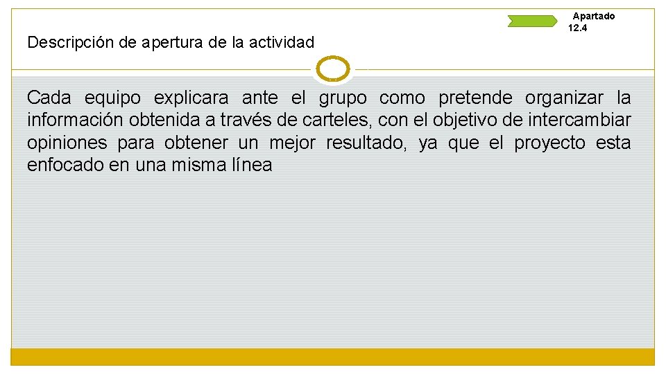 Descripción de apertura de la actividad Apartado 12. 4 Cada equipo explicara ante el