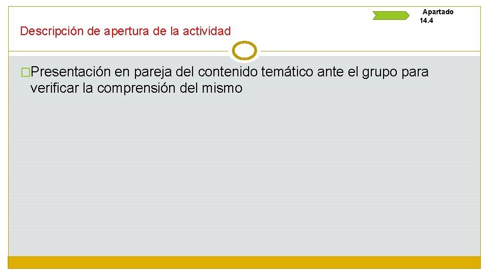 Descripción de apertura de la actividad Apartado 14. 4 �Presentación en pareja del contenido