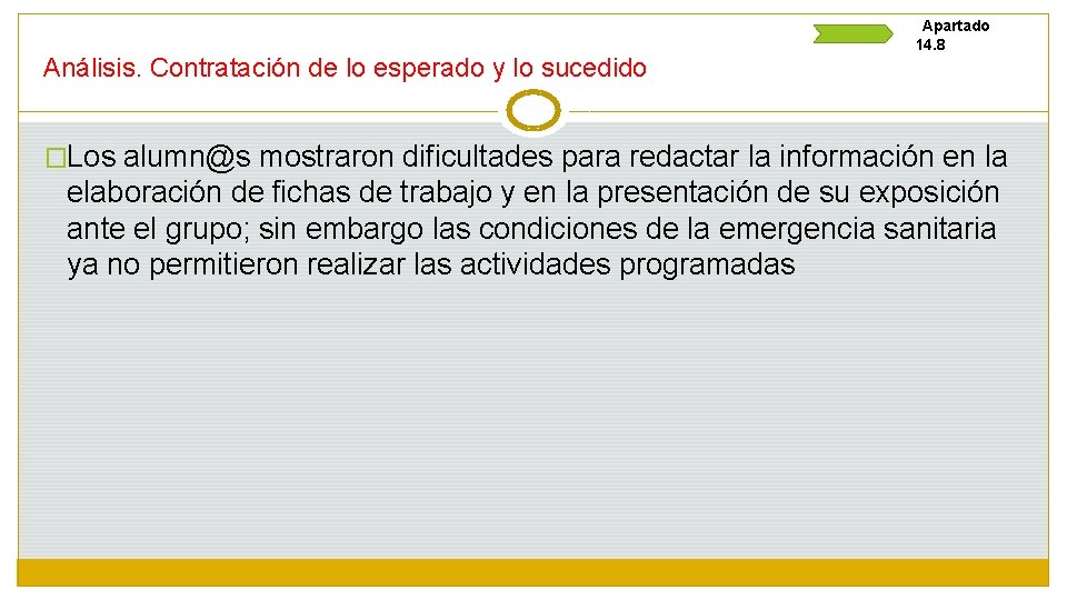 Análisis. Contratación de lo esperado y lo sucedido Apartado 14. 8 �Los alumn@s mostraron