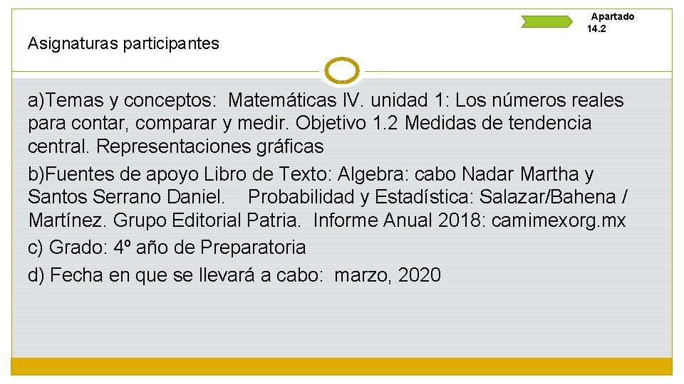 Asignaturas participantes Apartado 14. 2 a)Temas y conceptos: Matemáticas IV. unidad 1: Los números